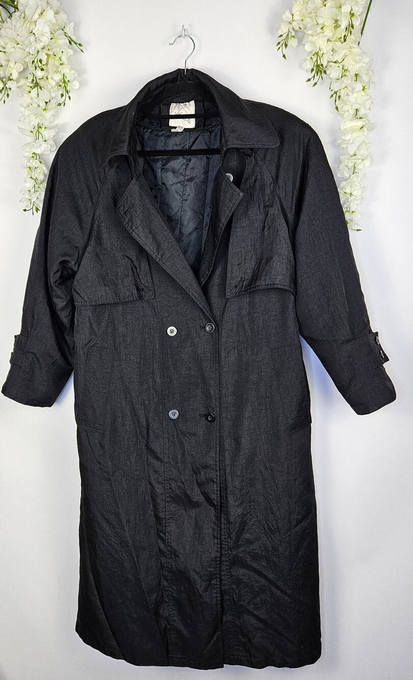 Vintage John Weitz 13/14 Black Trench Coat Zip Liner Classic Old Money Noir Film